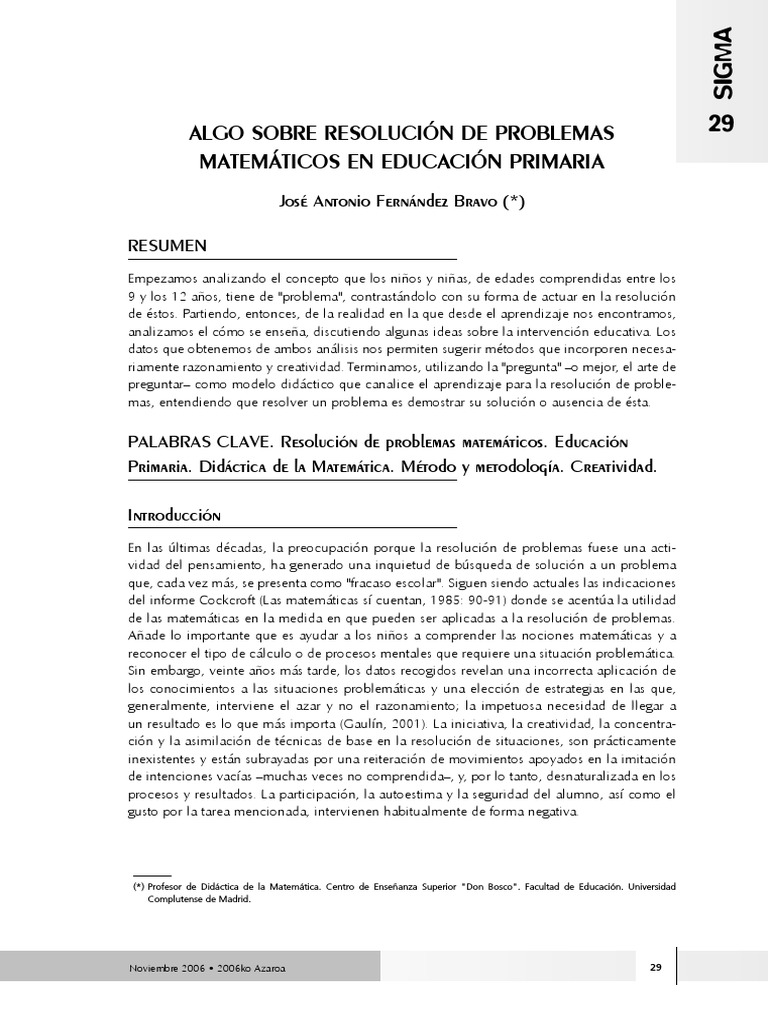 Expresamente impresión disculpa ALGO SOBRE RESOLUCIÓN DE PROBLEMAS MATEMÁTICOS EN EDUCACIÓN PRIMARIA. José  Antonio Fernández Bravo (-) - 1 | PDF | Creatividad | División (Matemáticas)