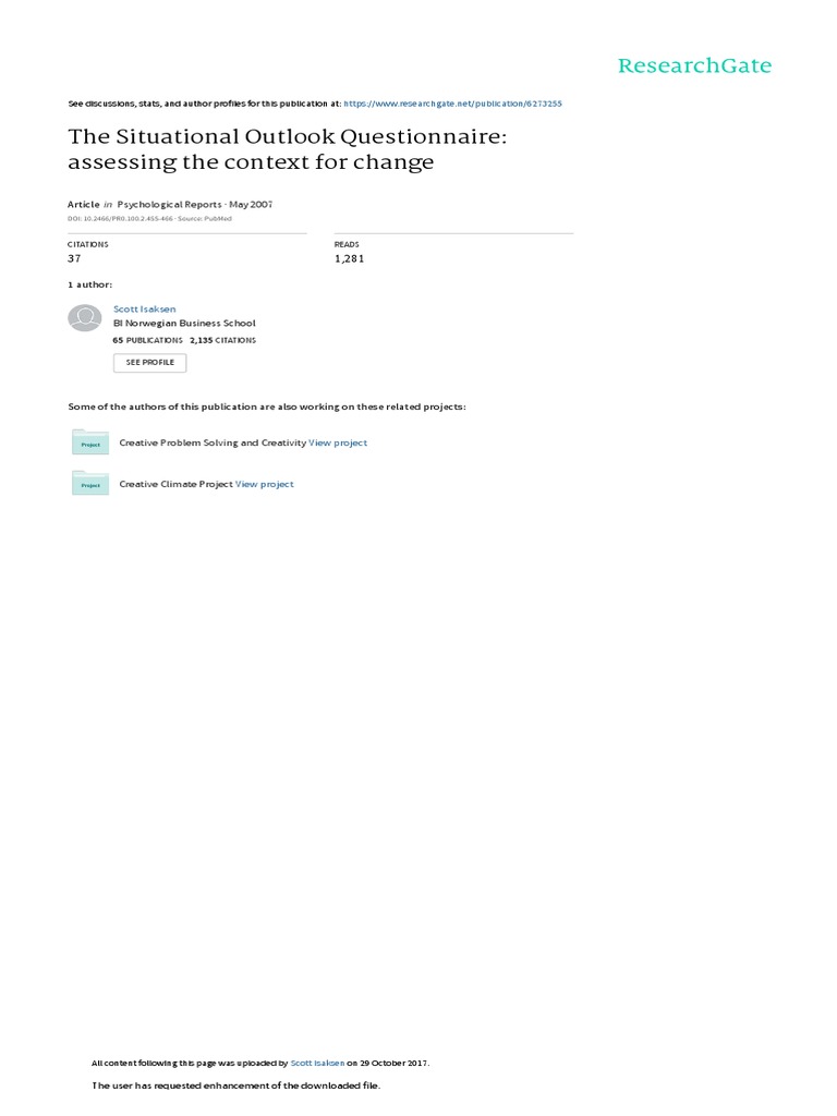 The Situational Outlook Questionnaire: Assessing The Context For Change ...