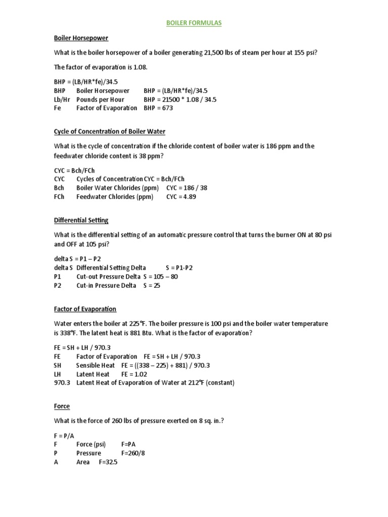 Boiler Formulas | PDF | Horsepower | Boiler