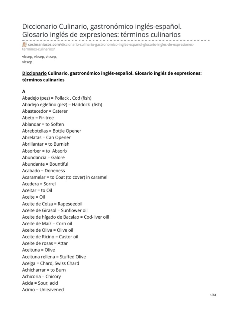 Diccionario Culinario Gastronómico InglésEspañol Glosario Inglés de