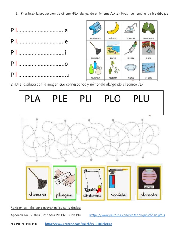 Actividades con sílabas pla ple pli plo plu | PDF