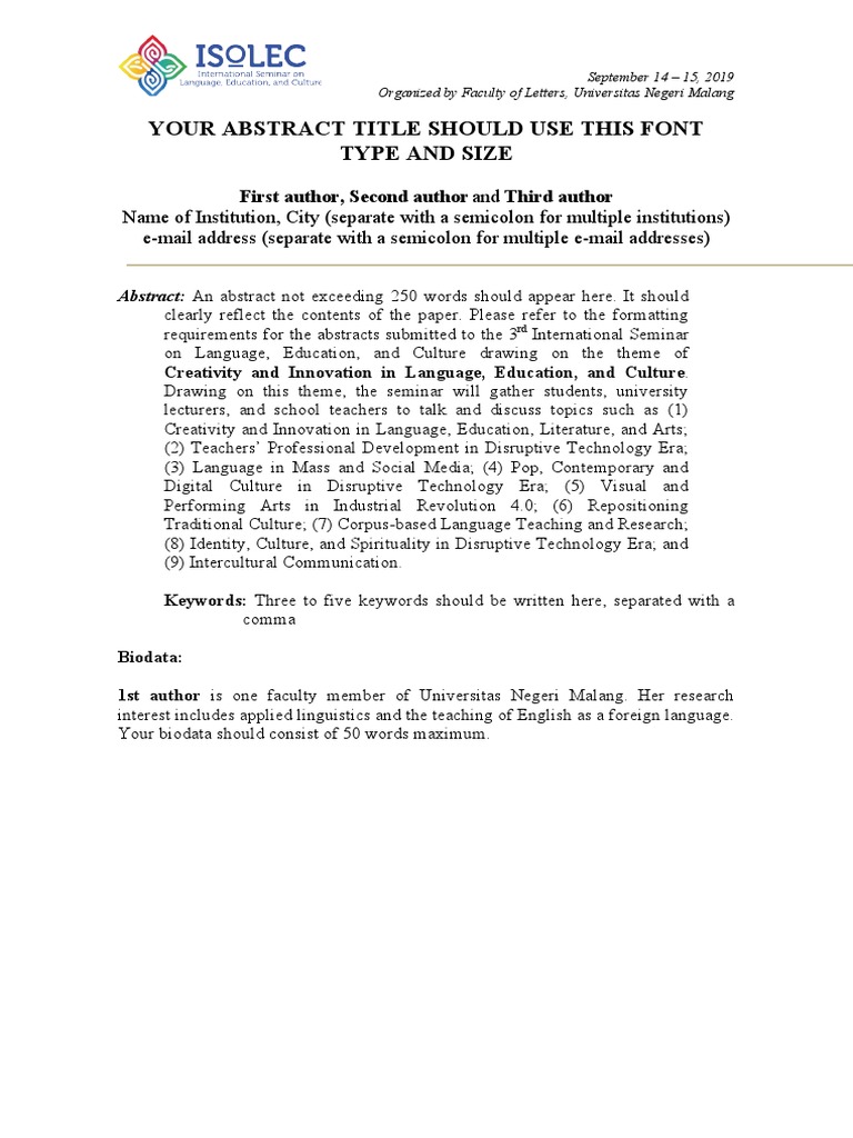 Your Abstract Title Should Use This Font Type And Size Pdf