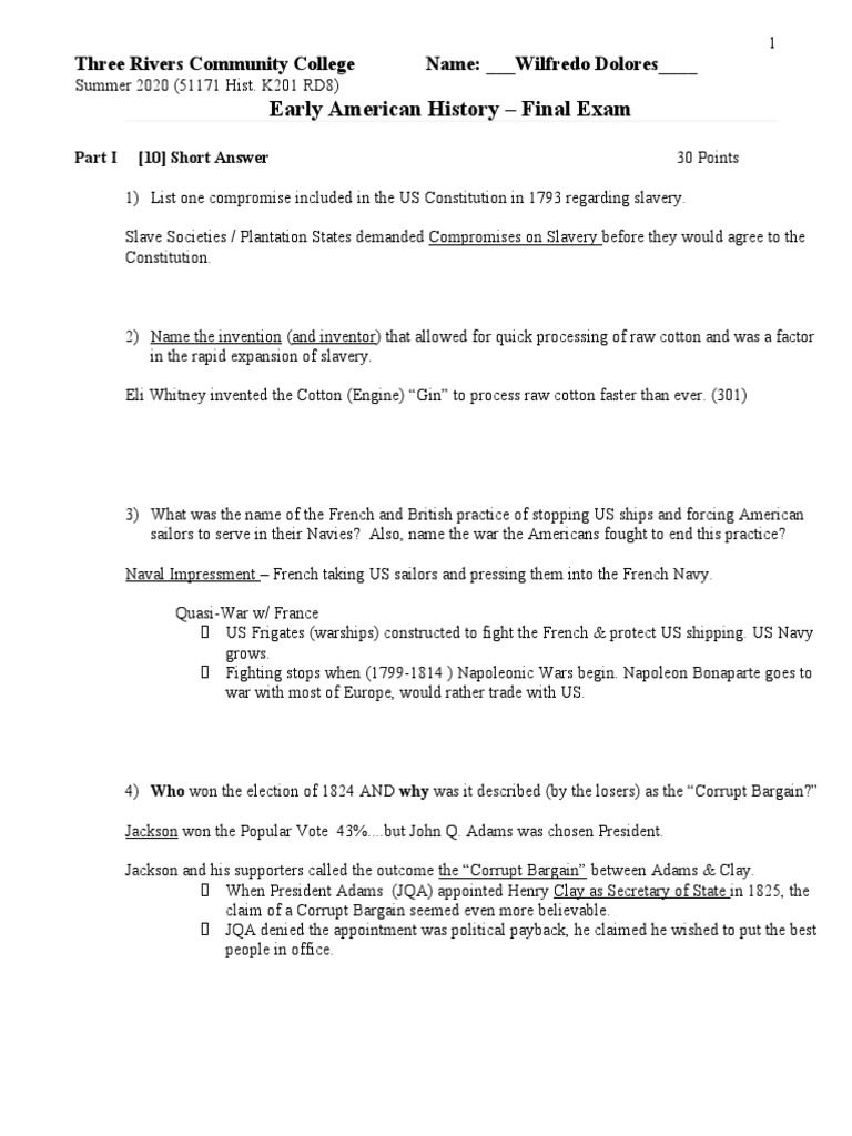 Early American History - Final Exam: Three Rivers Community College ...