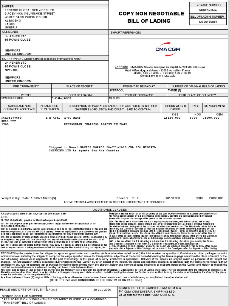 Bill of Lading Copy Non Negotiable Carrier PDF Bill Of Lading Cargo