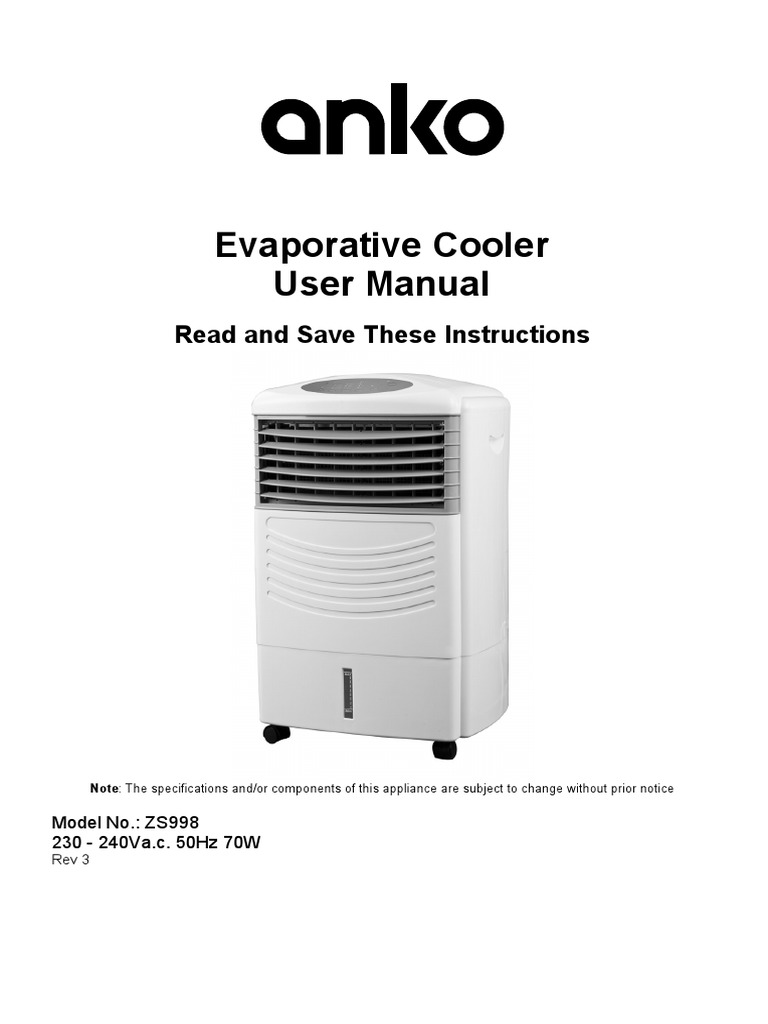 Evaporative Cooler User Manual Read and Save These Instructions PDF