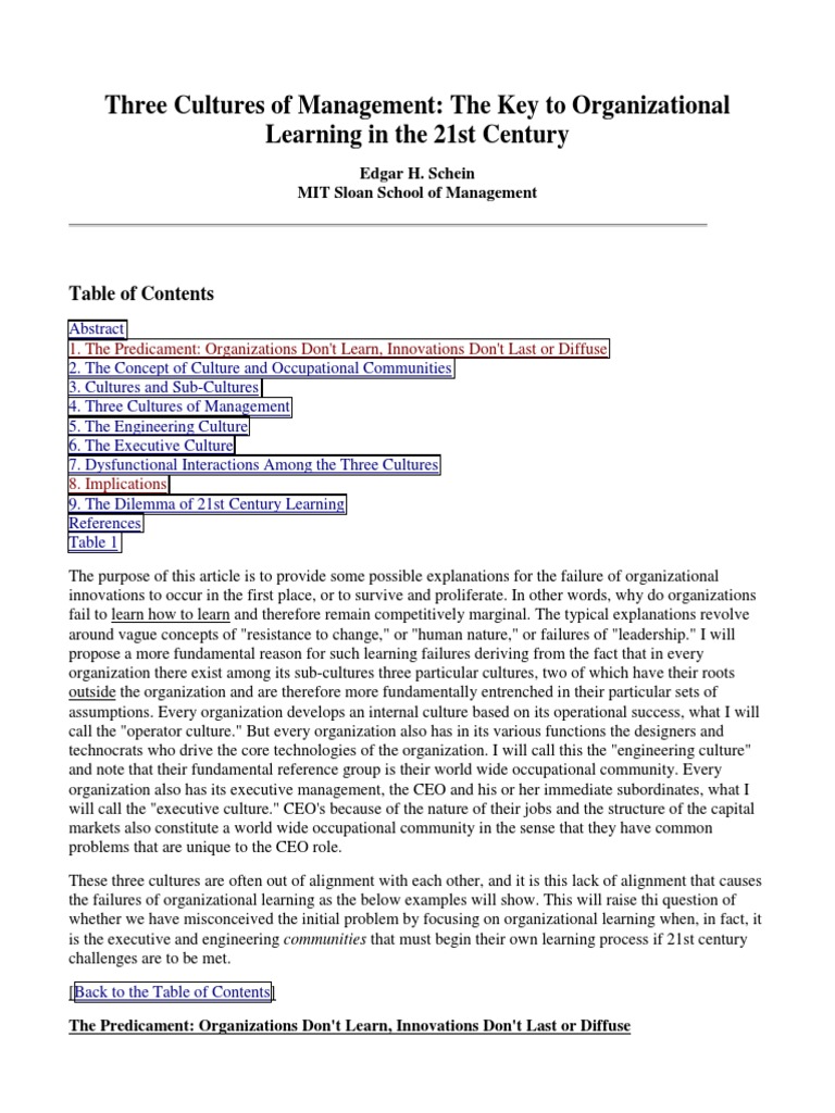 Three Cultures of Management: The Key To Organizational Learning in The ...