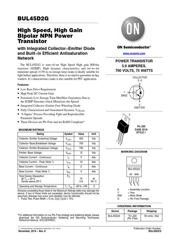 BUL45D2G High Speed, High Gain Bipolar NPN Power Transistor | PDF ...
