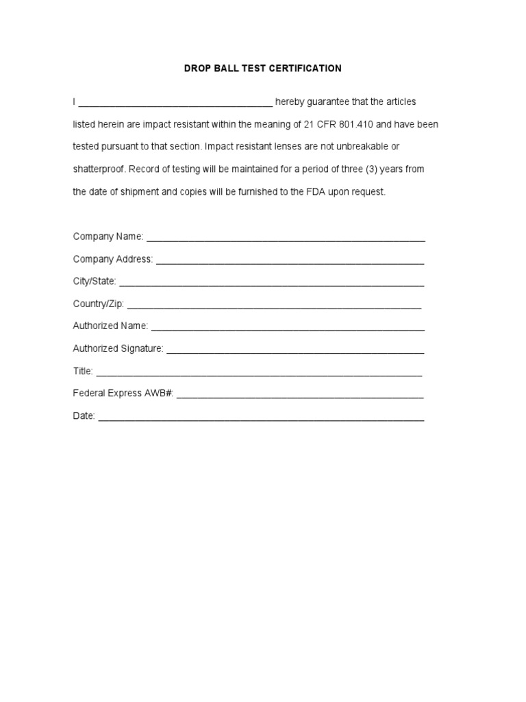 Drop Ball Test Certification Form | PDF