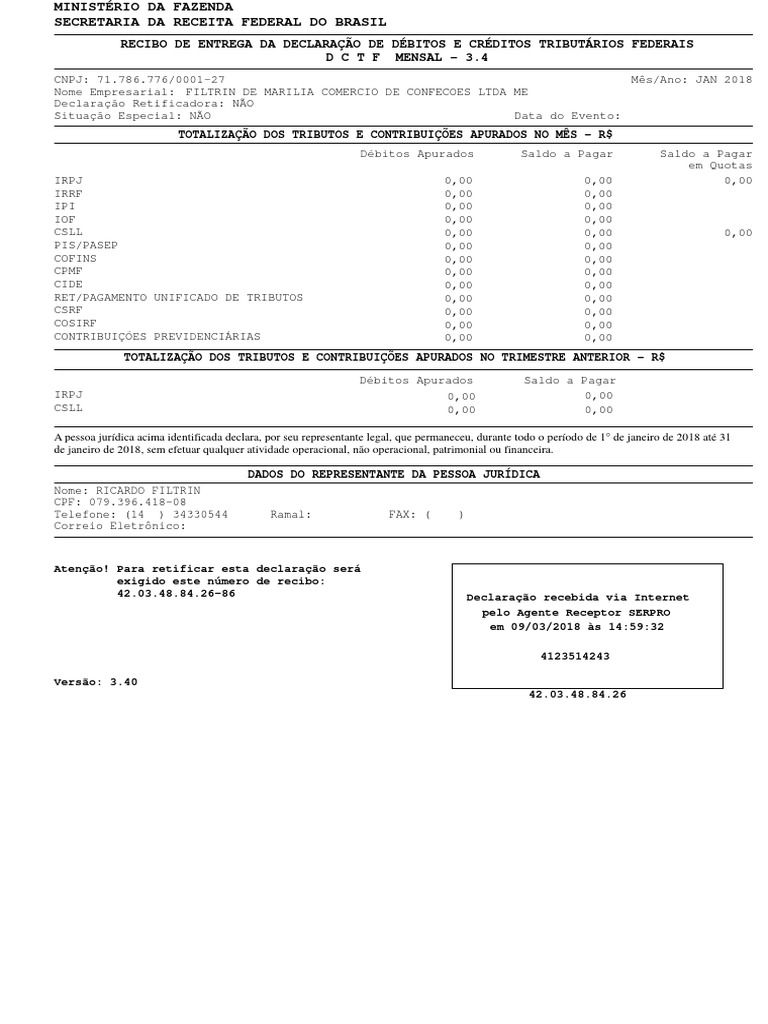 Recibo De Entrega Da Declaração De Débitos E Créditos 