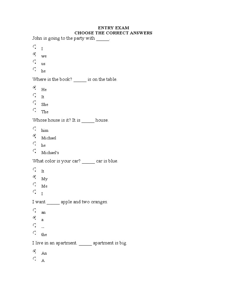English Entry Exam Questions | PDF | Language Arts & Discipline
