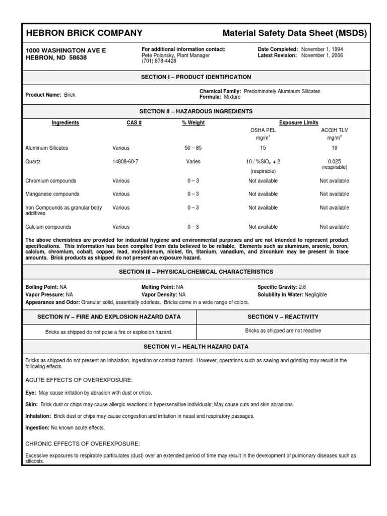 MSDS Brick | PDF | Personal Protective Equipment | Allergy