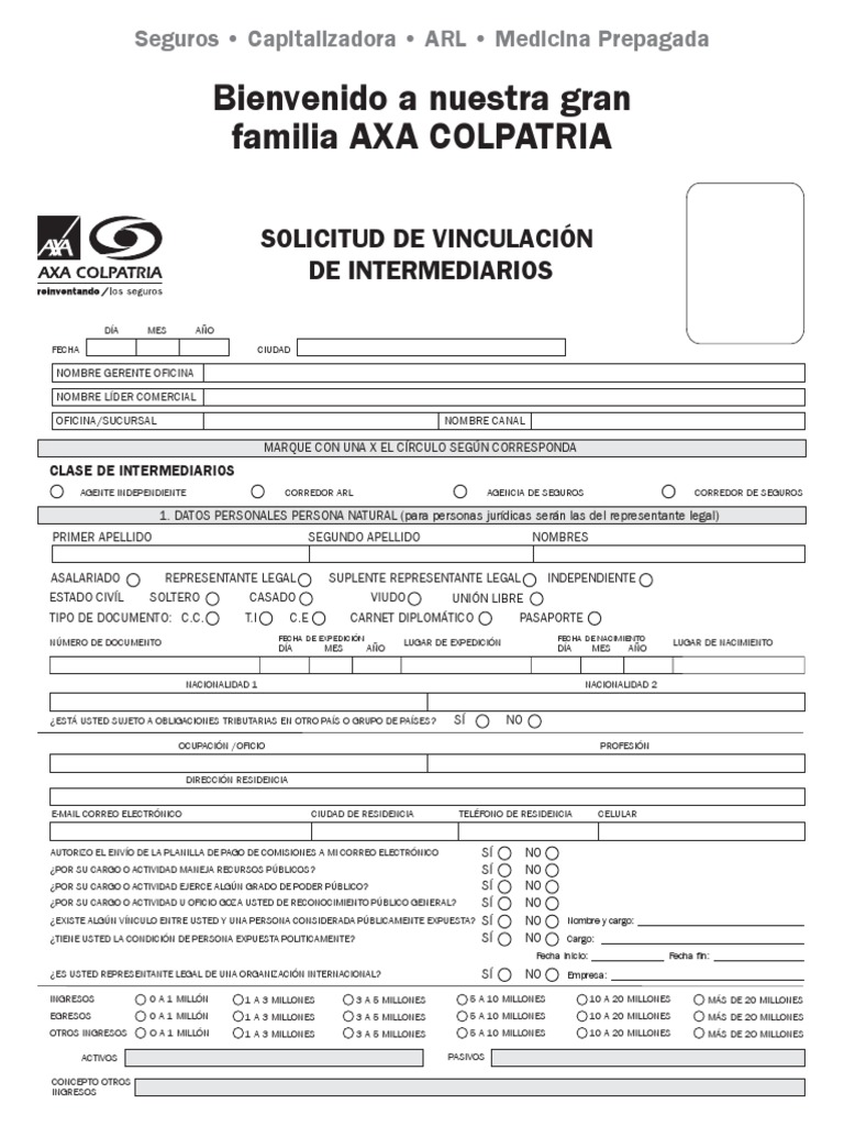 Solicitud de Vinculación Intermediarios AXA | PDF | Póliza de seguros ...