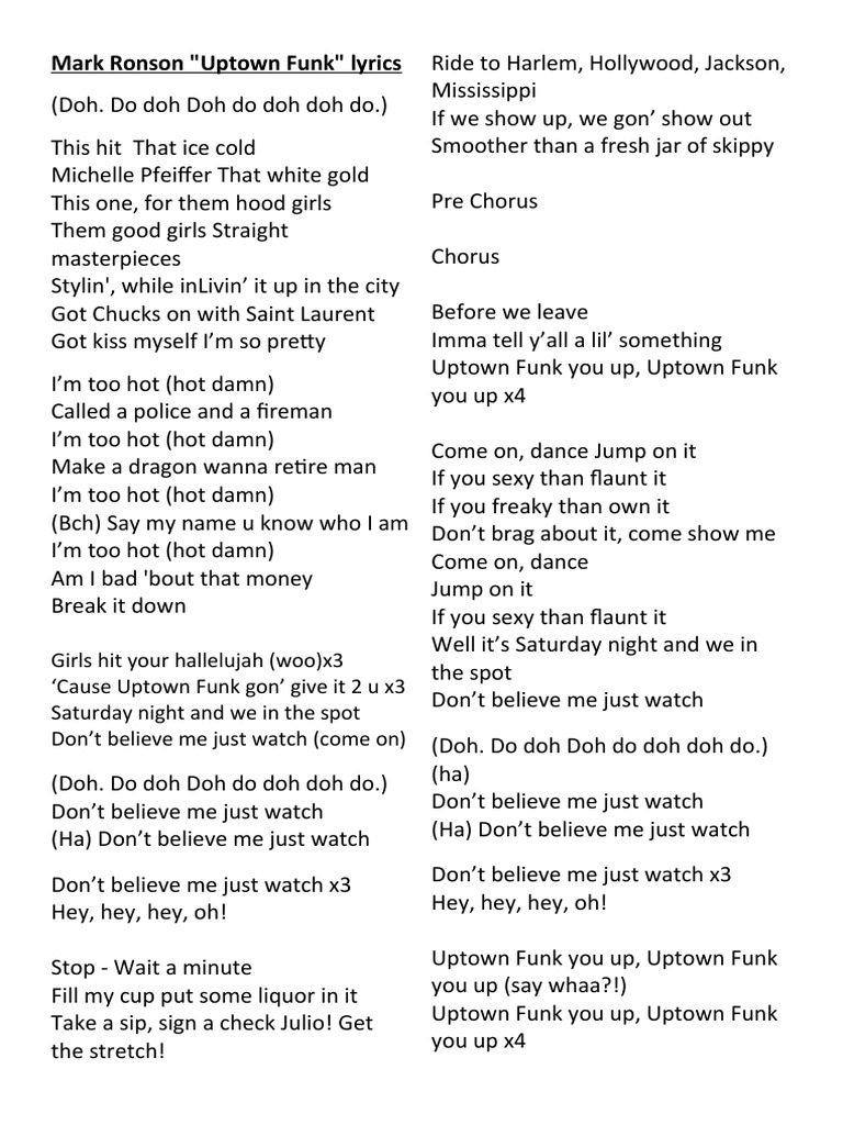 Uptown Mark Ronson Uptown Funk Lyrics PDF