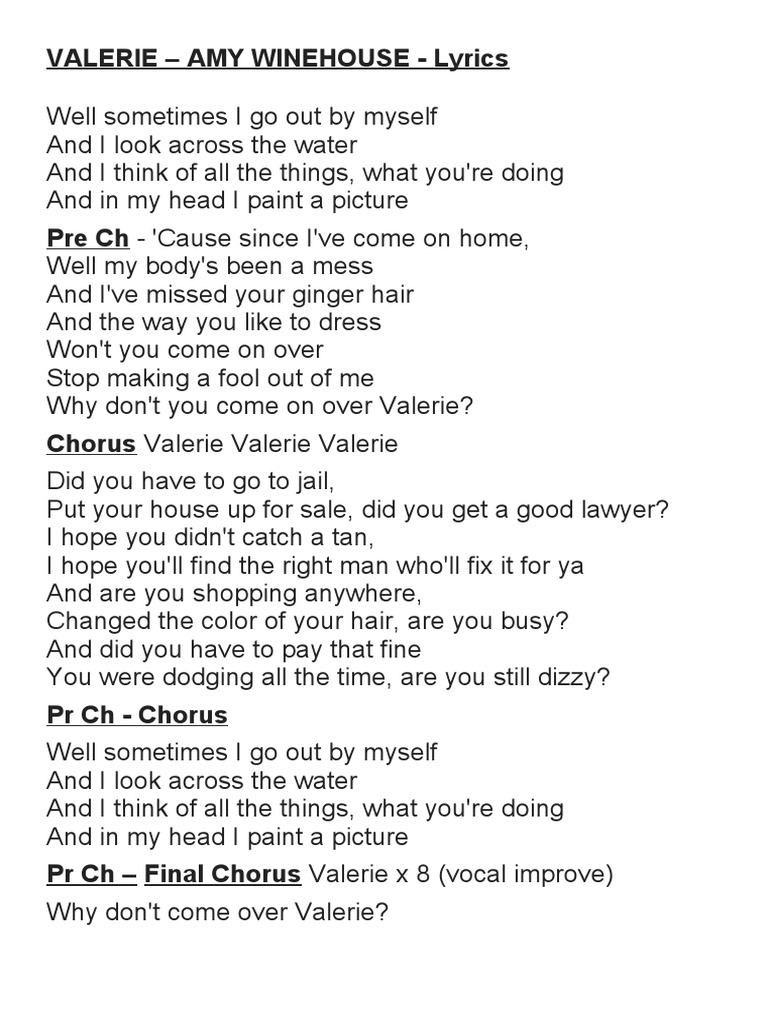 Valerie Amy Winehouse Lyrics PDF