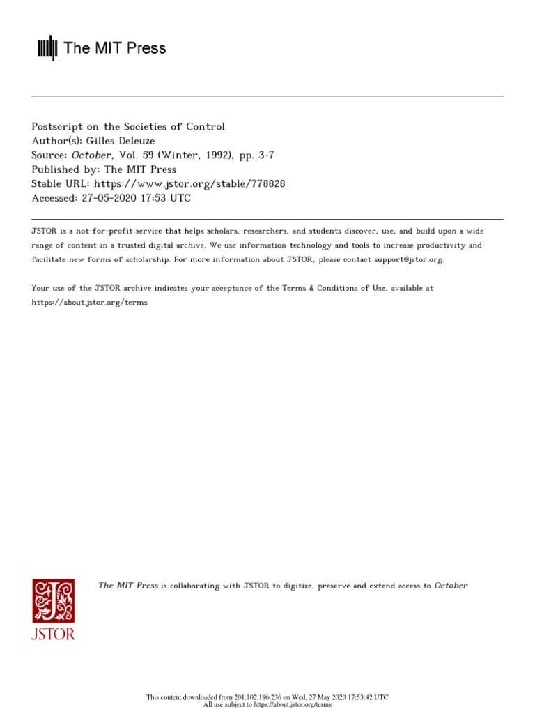 Deleuze, G. Postcript On The Societies of Control PDF Gilles Deleuze