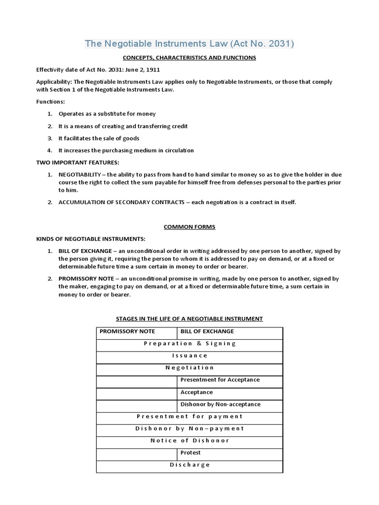 Overview of Negotiable Instruments Law | PDF | Cheque | Financial Services