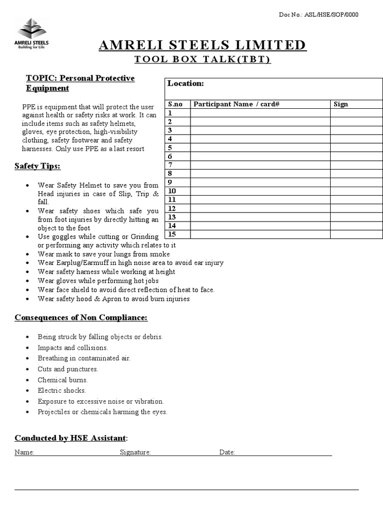 Amreli Steels Limited Tool Box Talk (TBT) PDF