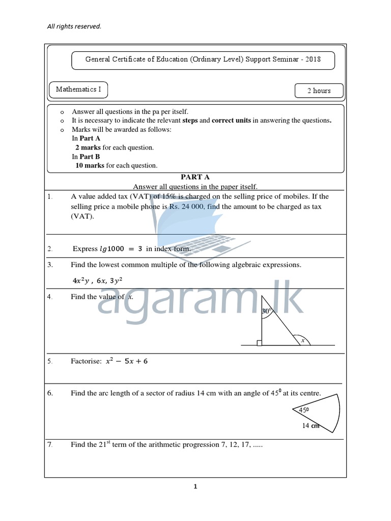 2018 O/L Maths Paper and Marking Scheme | PDF | Circle | Area