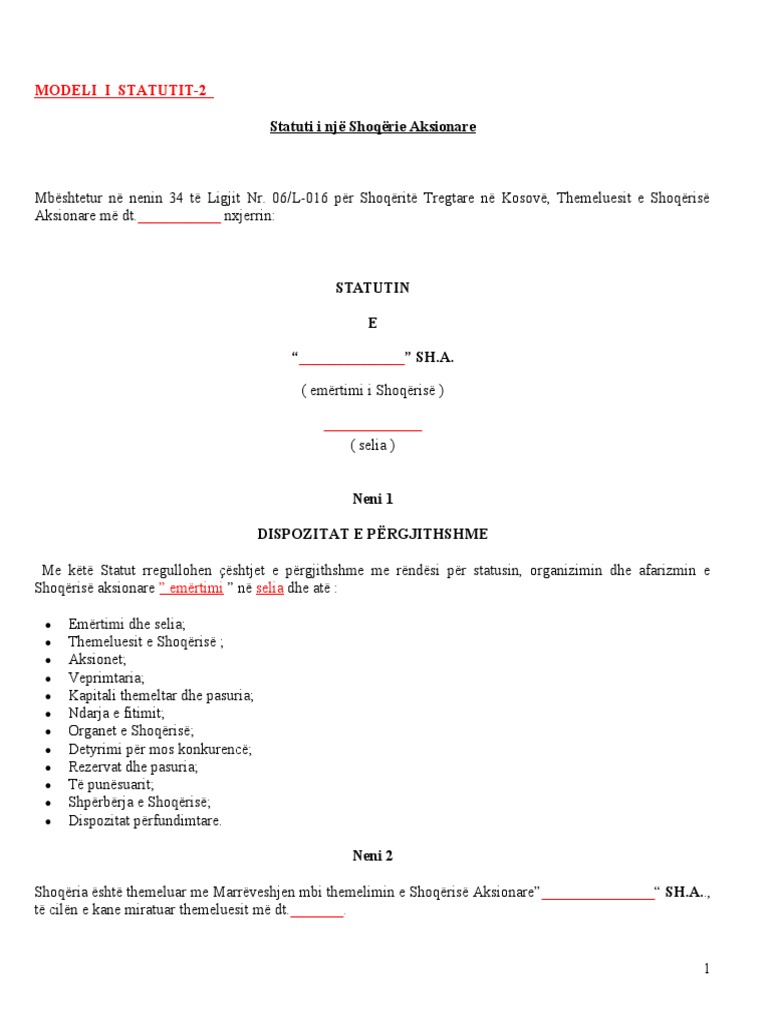 Statuti I Një Shoqërie Aksionare | PDF
