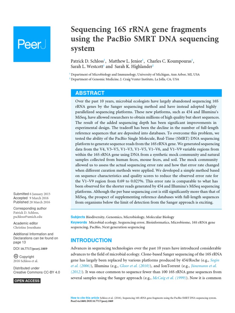 Sequencing 16S Rrna Gene Fragments Using The Pacbio SMRT Dna Sequencing ...