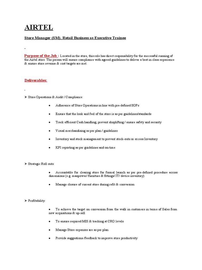 Airtel - Store Manager (SM, JD | PDF | Inventory | Accountability