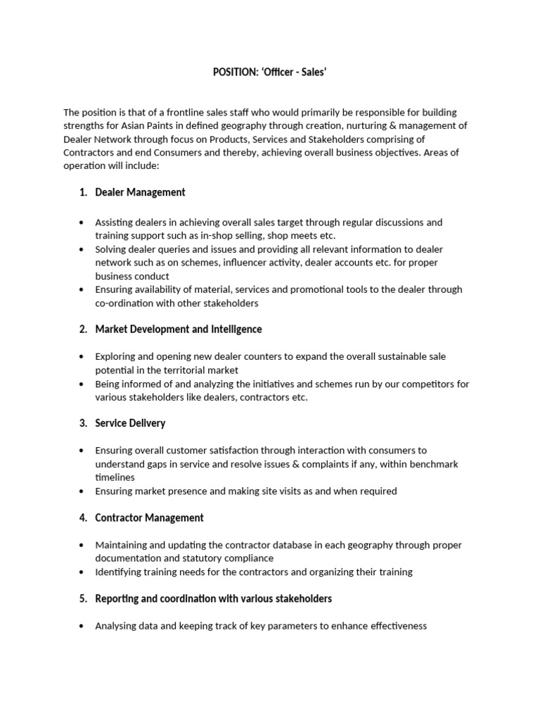 Asian Paints Sales Officer JD PDF Sales Academic Degree