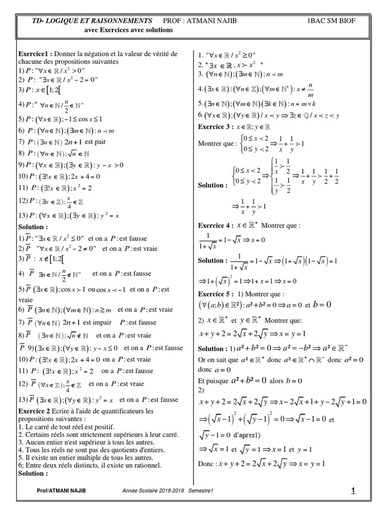 Exercices Corrig s De Logique 1 Bac SM PDF Raisonnement D ductif 