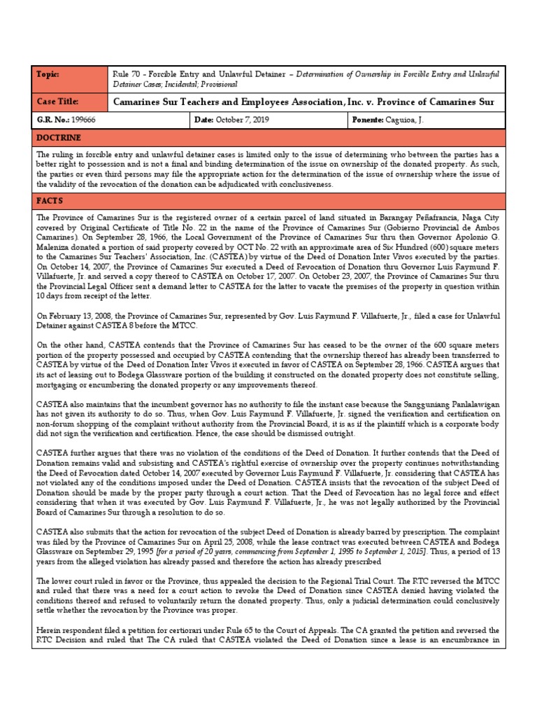 Forcible Entry Case: Camarines Sur Ruling | PDF | Deed | Property