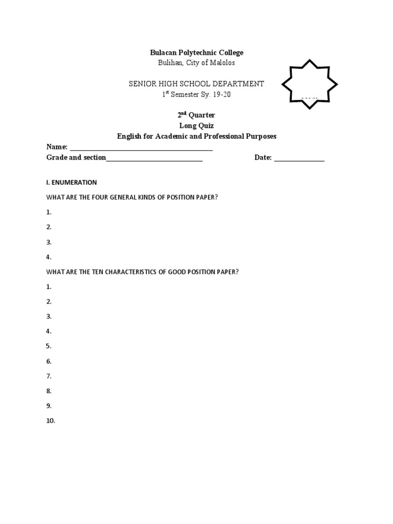 Position Paper Quiz for Senior High School | PDF