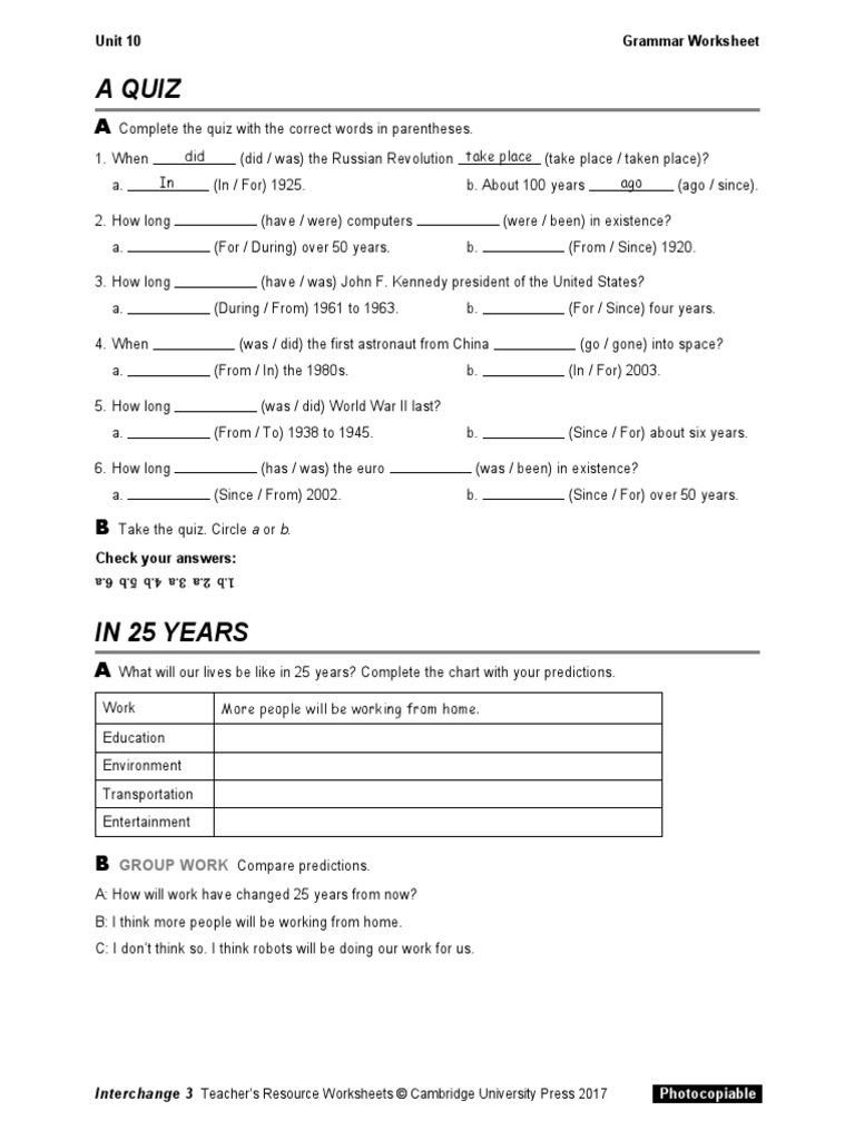 A Quiz: Unit 10 Grammar Worksheet | PDF