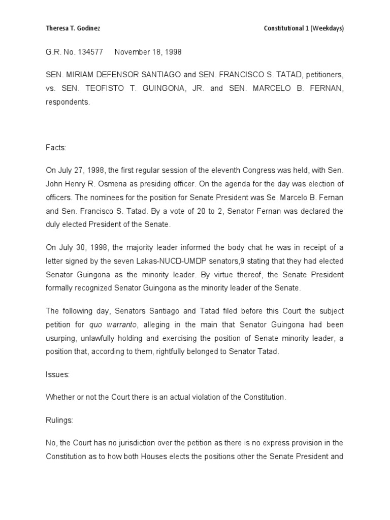 Santiago vs. Guingona PDF United States Senate Presidents Of The