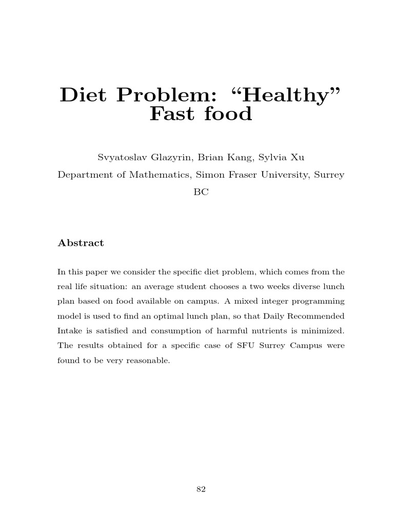 Diet Problem "Healthy" Fast Food Semantic Scholar PDF Mathematical Optimization Food And