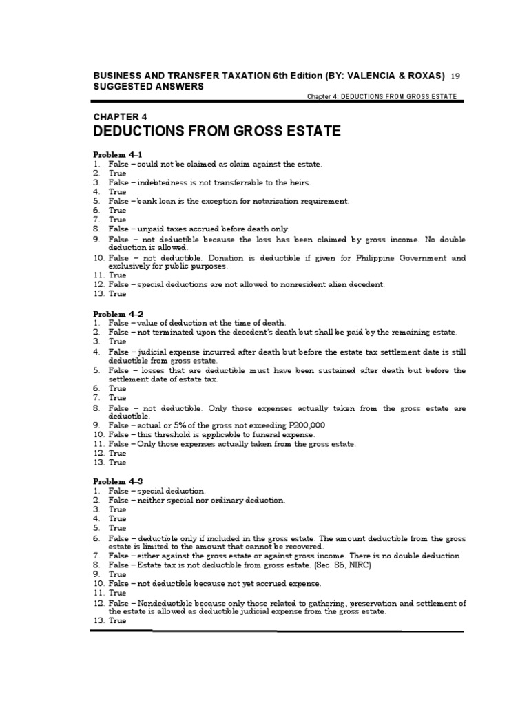 Deductions From Gross Estate Business and Transfer Taxation 6Th Edition (By Valencia & Roxas