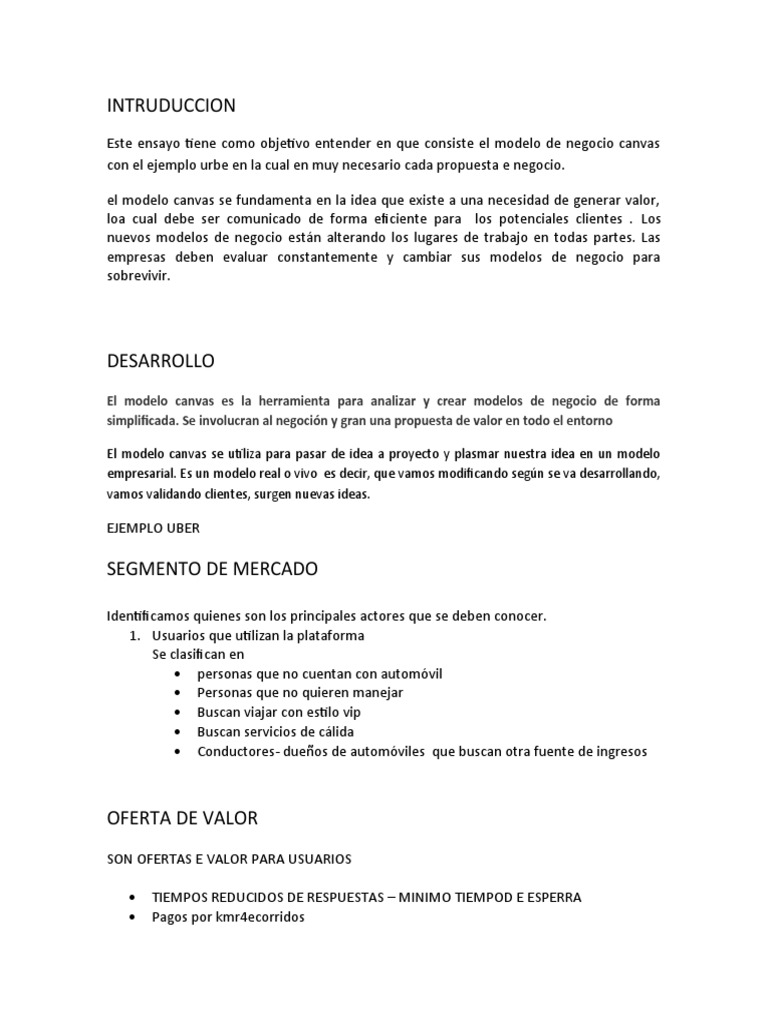 Ensayo de Modelo Canvas Del Ejemplo Uber Intructor Ovi Caballero | PDF | Modelo  de negocio | Marketing