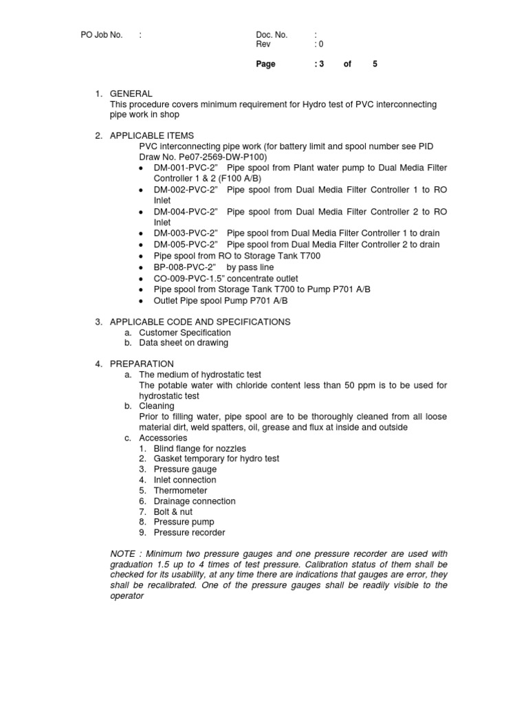 Hydrotest Procedure Pdf Pipe Fluid Conveyance Drainage