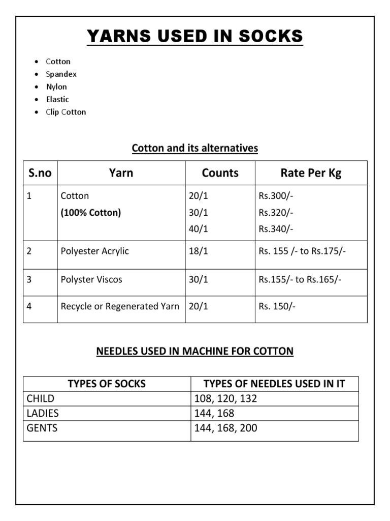 Yarns Used in Socks S.no Yarn Counts Rate Per KG PDF