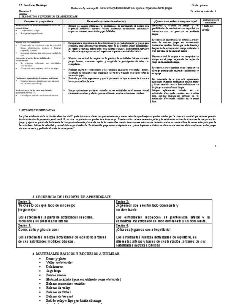 Unidad Primer Grado Educacion Fisica Pdf Aprendizaje Conceptos