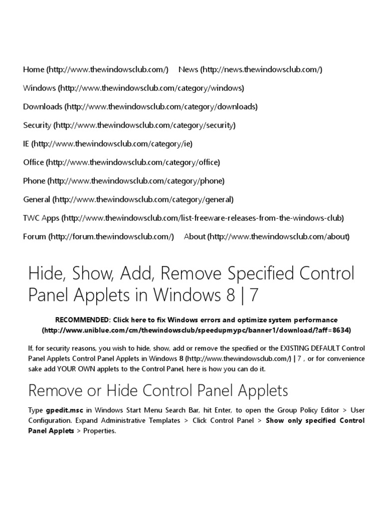 Hide, Show, Add, Remove Specified Control Panel Applets in Windows 8 - 7 |  PDF | Group Policy | Microsoft Windows
