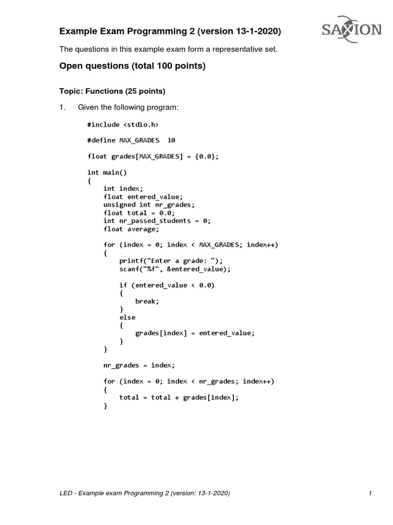 Example Exam Programming 2 Questions | PDF | Subroutine | Data Type