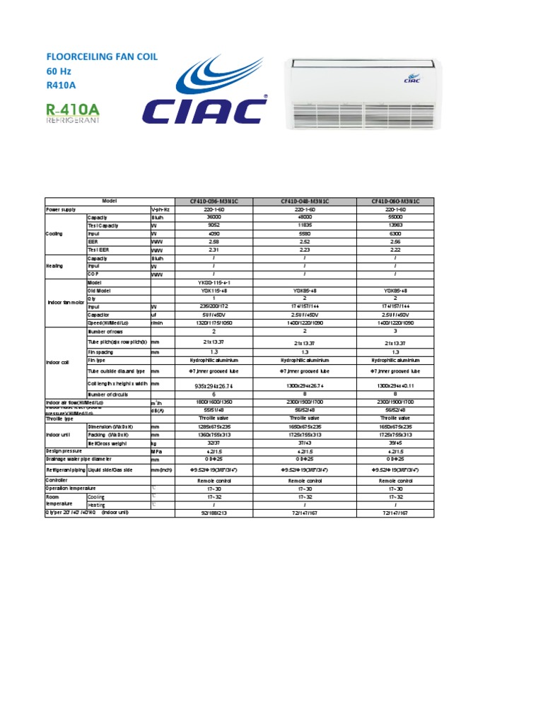 CIAC Inverter Air Conditioner Specs | PDF | Pipe (Fluid Conveyance ...