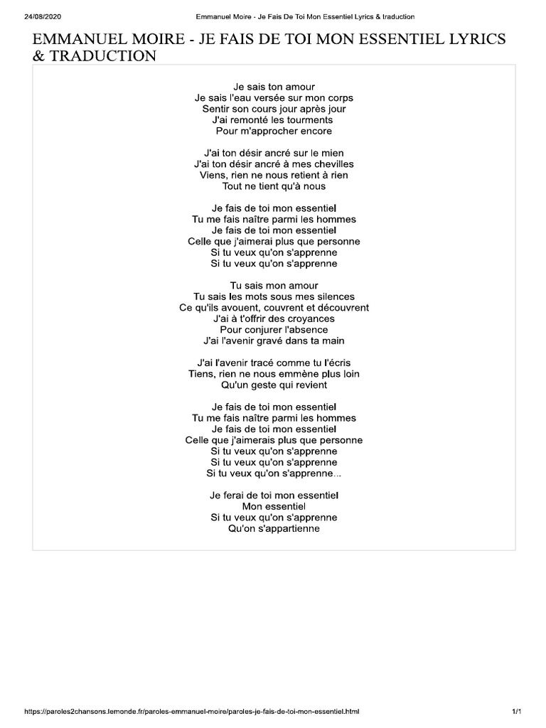 Parole Je Fais De Toi Mon Essentiel