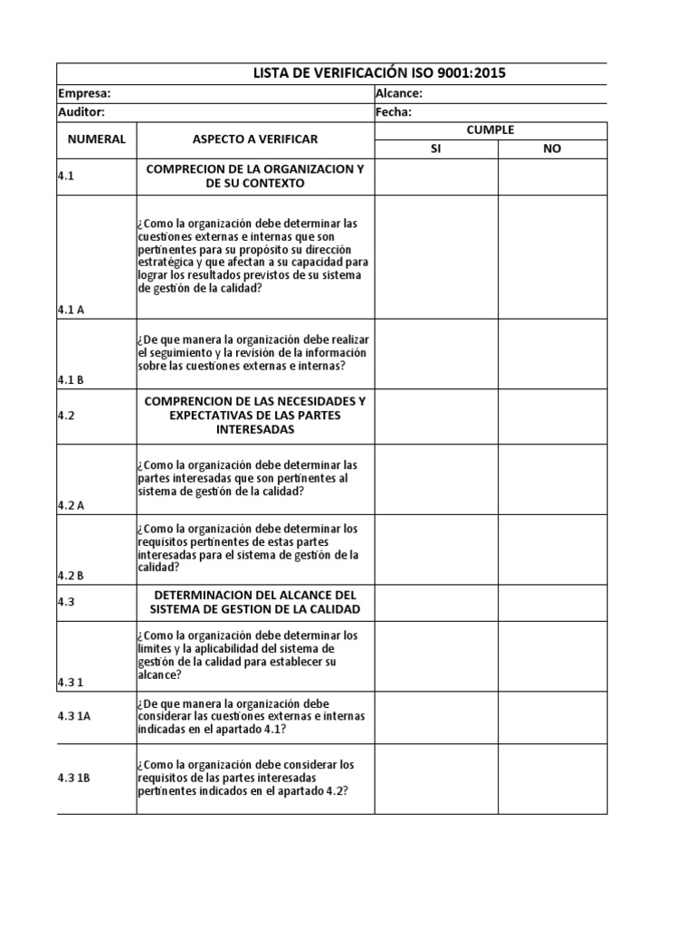 Lista de Verificación ISO 9001:2015 | PDF | Gestión de la calidad ...