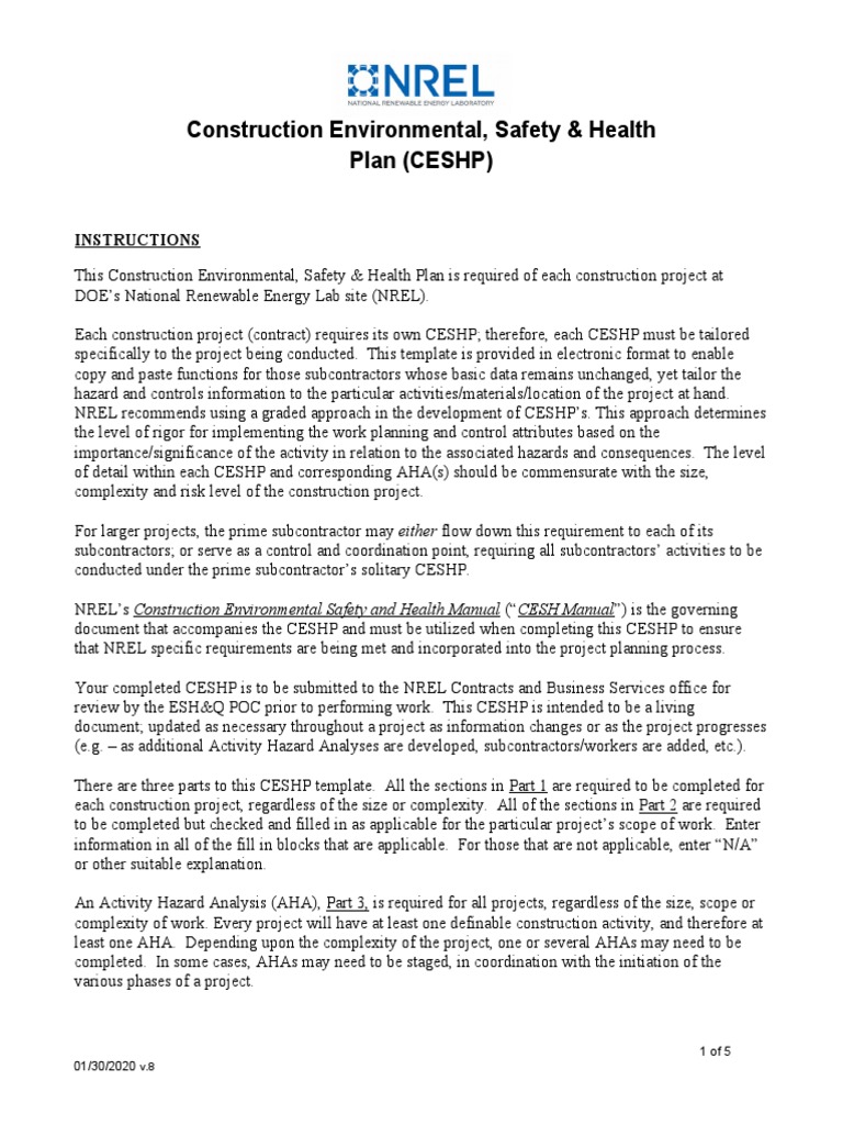Construction Environmental, Safety & Health Plan (CESHP) : Instructions ...