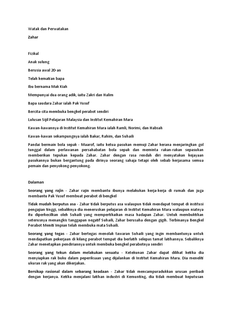 Watak Dan Perwatakan Zahar Novel Meniti Impian Pdf