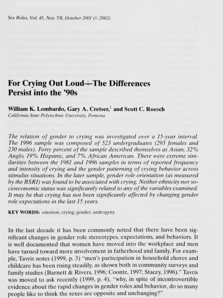 For Crying Out Loud PDF Gender Role Emotions