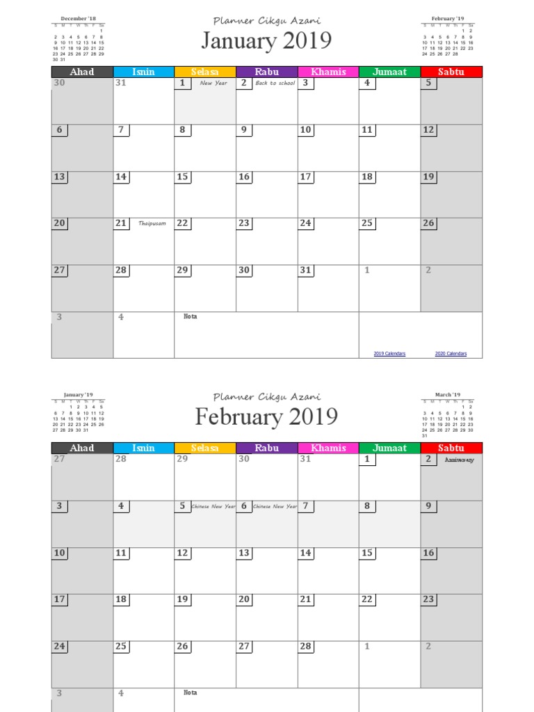 January 2019 Ahad Isnin Selasa Rabu Khamis Jumaat Sabtu Pdf