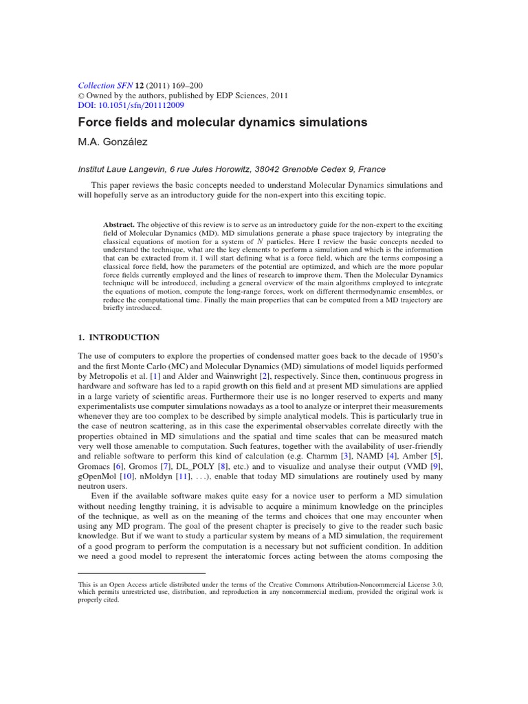 Force Fields and Molecular Dynamics Simulations: M.A. González | PDF ...
