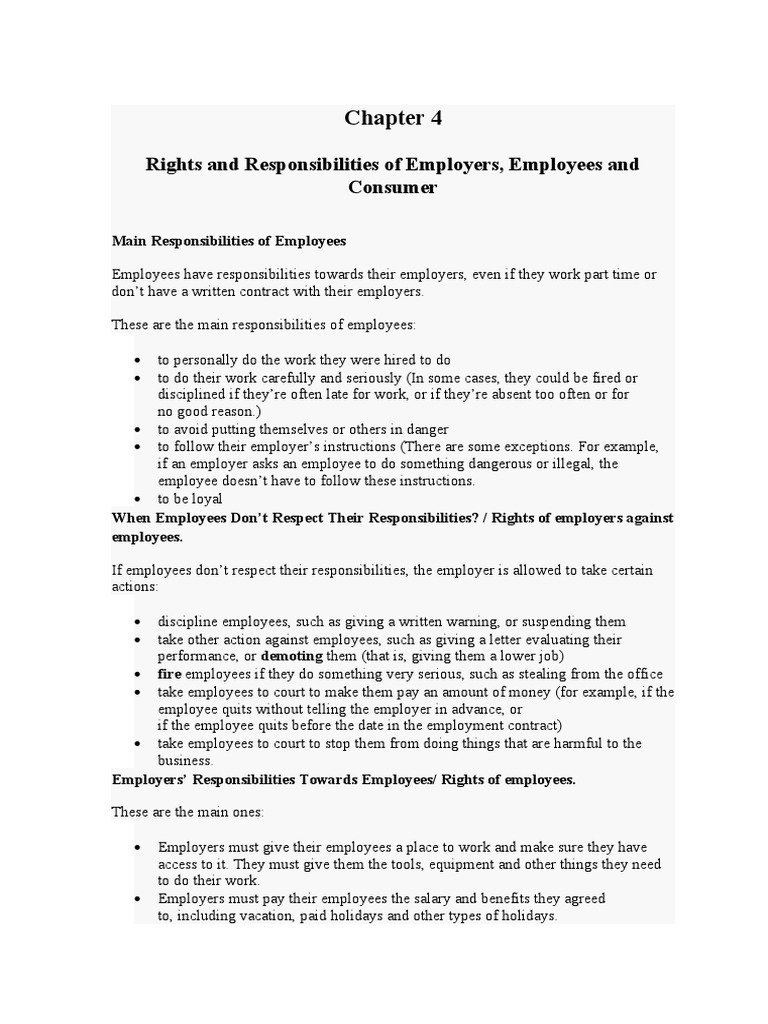 Rights and Responsibilities of Employers, Employees and Consumer | PDF ...