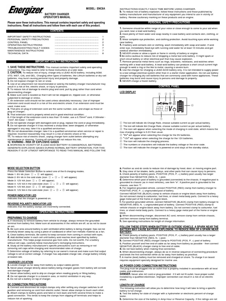 Energizer ENC8A-Manual | PDF | Battery Charger | Electric Power