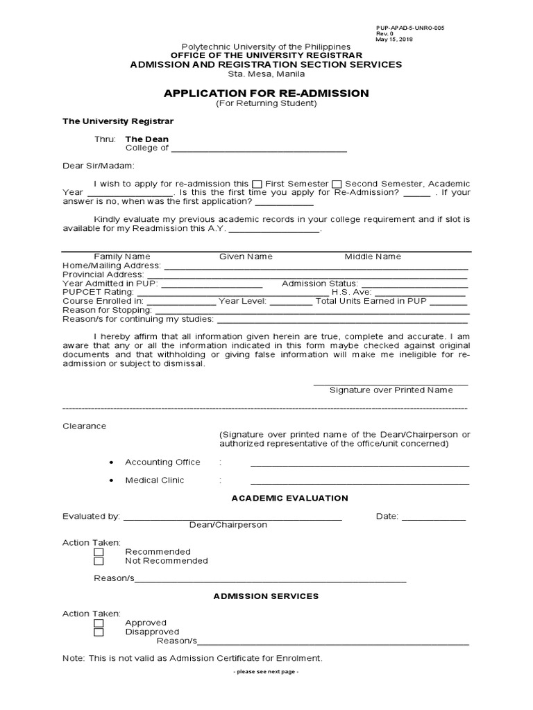 Application For Re-Admission: Admission and Registration Section ...